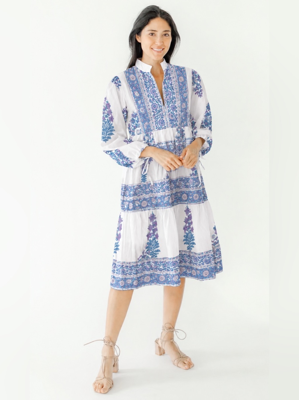 Victoria Dunn Santorini Floral Block Print Cotton Dress Blue Purple S